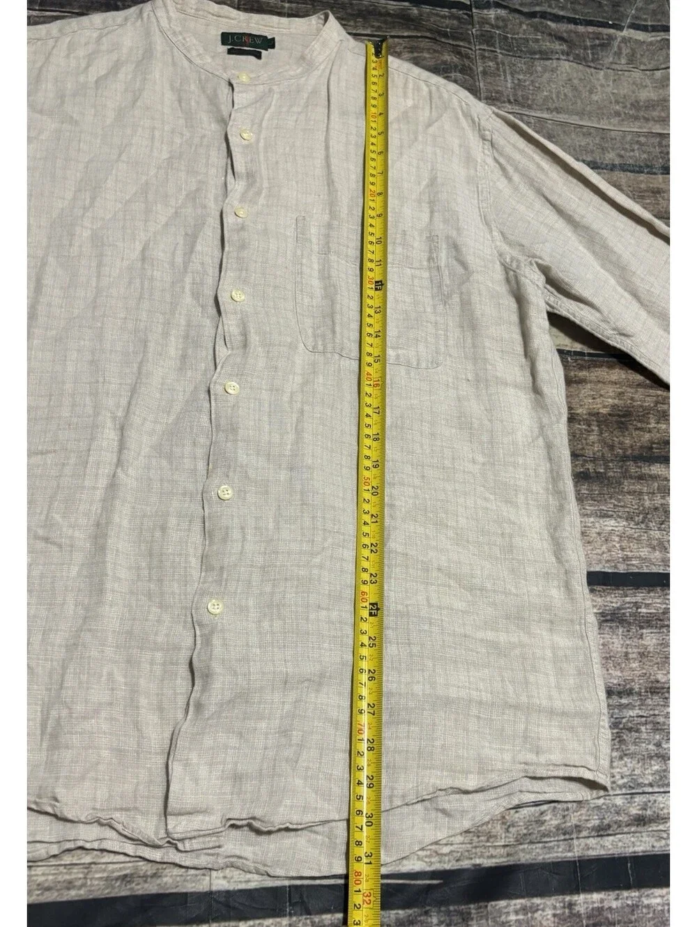 90s J Crew Shirt Mens Large Linen Check Beige Band Collar Pocket
